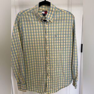 Tommy Hilfiger Men's Yellow and Blue Plaid 100% Cotton Shirt Size Medium